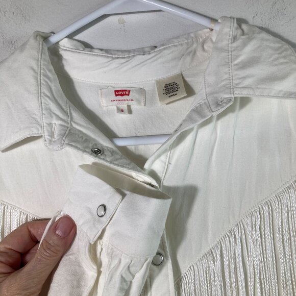 Womens Levis Western Pearl Snap Fringe Long Sleeve Shirt White S - Picture 3 of 9